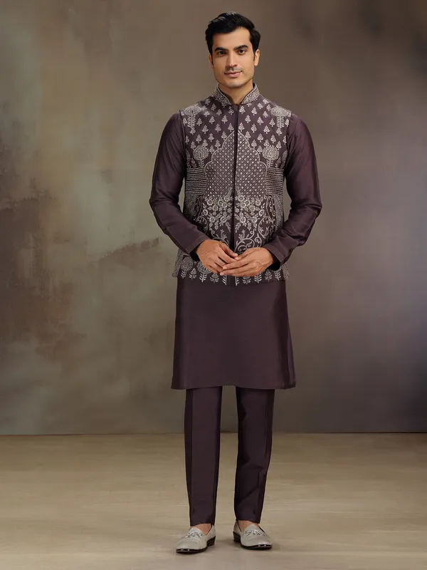 Dark wine wedding wear cotton silk waistcoat set