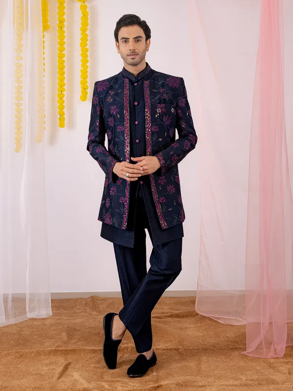 Dark navy silk indowestern for men