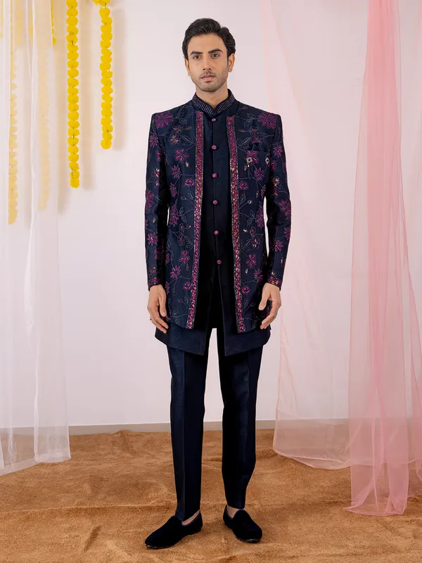 Dark navy silk indowestern for men