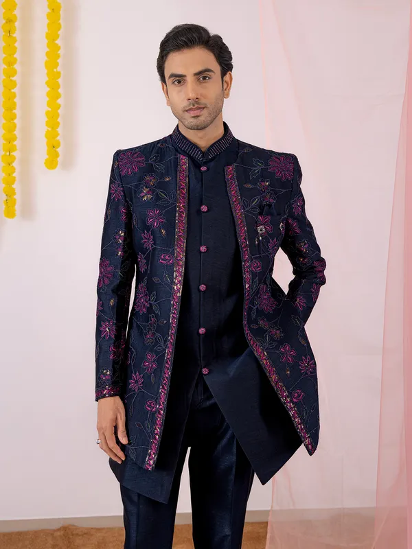 Dark navy silk indowestern for men