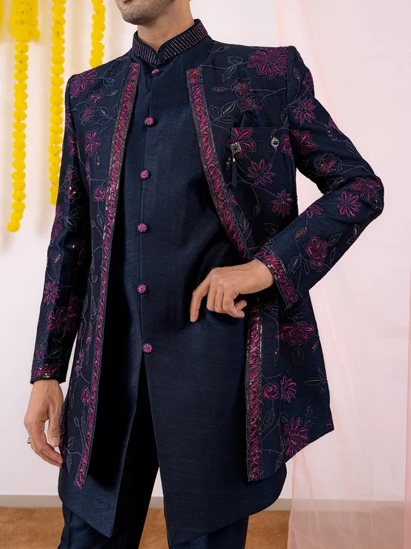 Dark navy silk indowestern for men