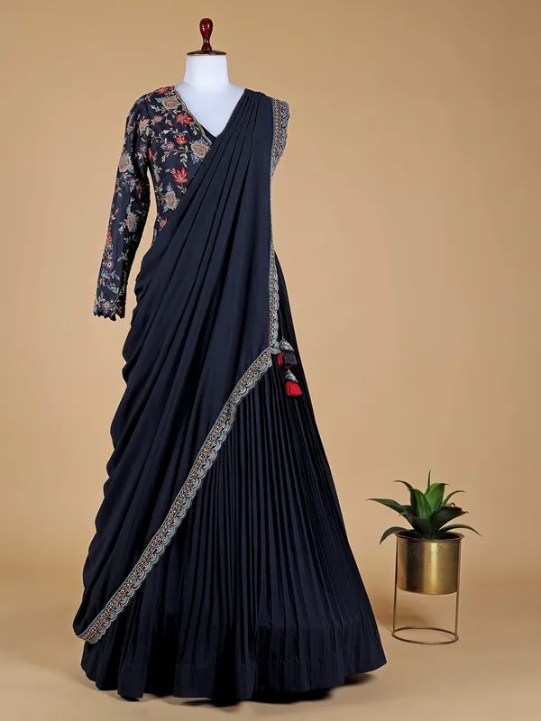 Dark navy georgette designer gown