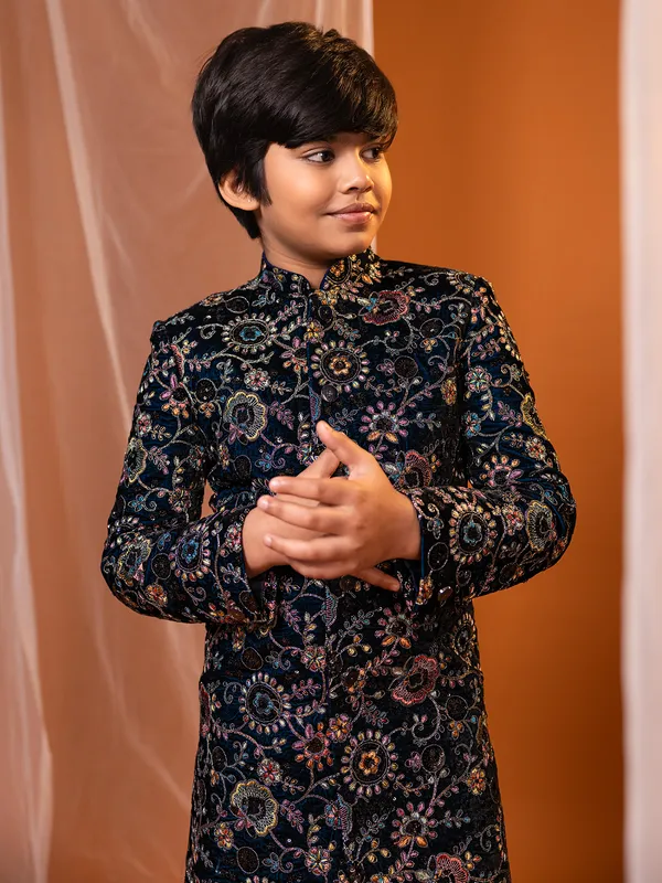 Dark navy hue velvet indo-western for wedding