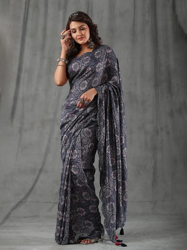 Dark navy muslin silk printed saree
