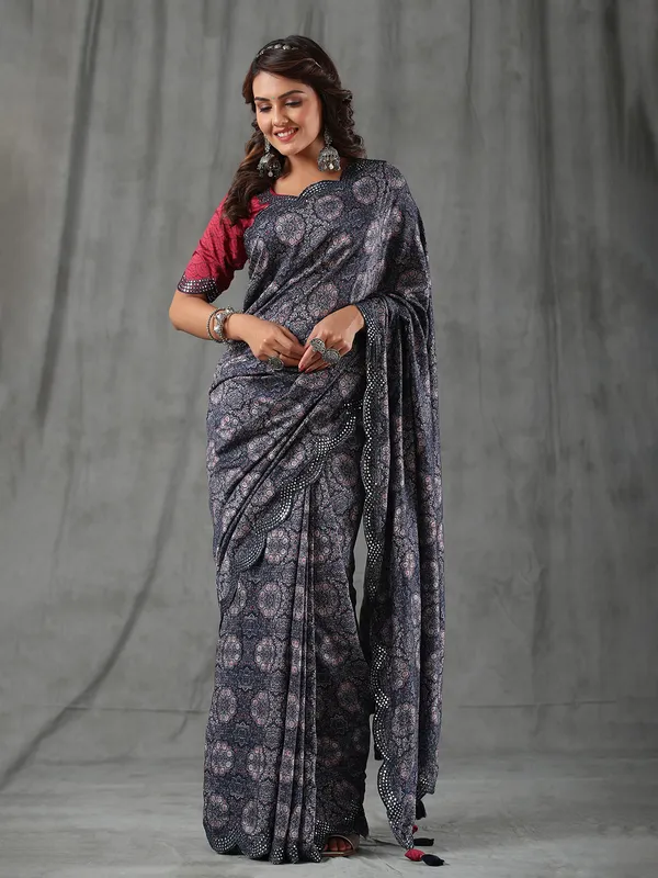 Dark navy muslin silk printed saree