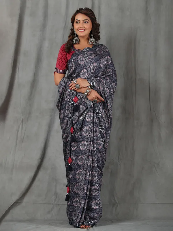Dark navy muslin silk printed saree