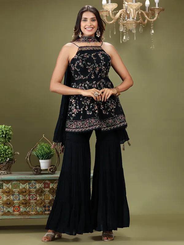 Dark navy sharara suit with dupatta