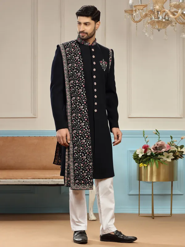 Dark navy terry rayon embroidery sherwani