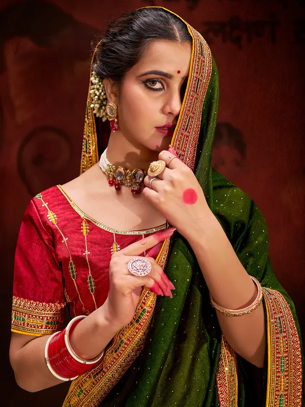 Dark olive festive silk saree