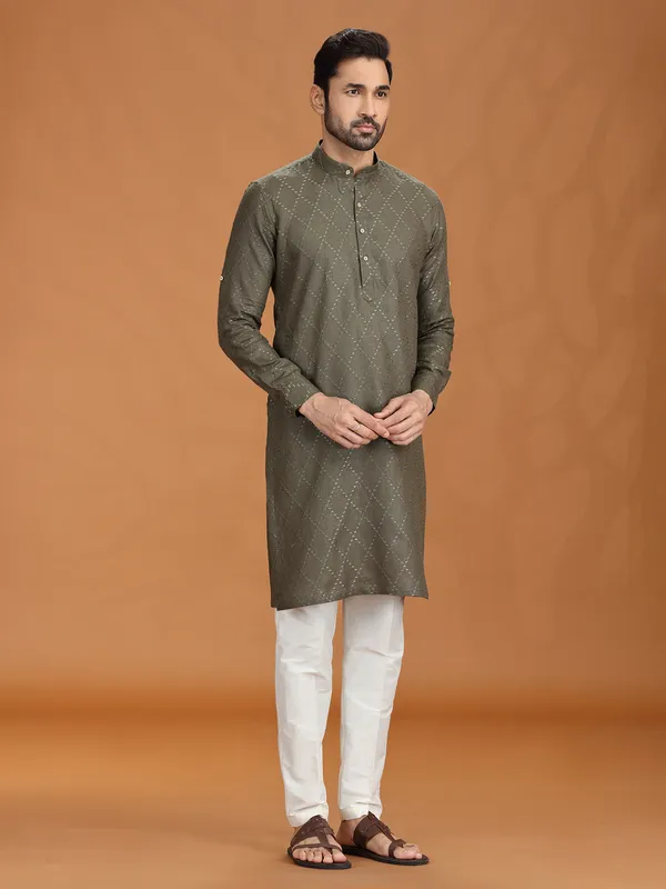Dark olive linen embroidered kurta set for mens