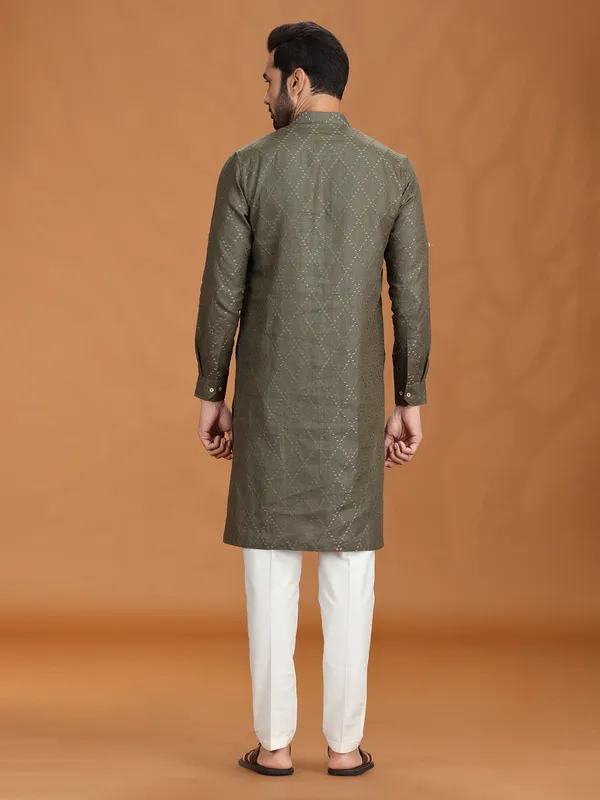 Dark olive linen embroidered kurta set for mens