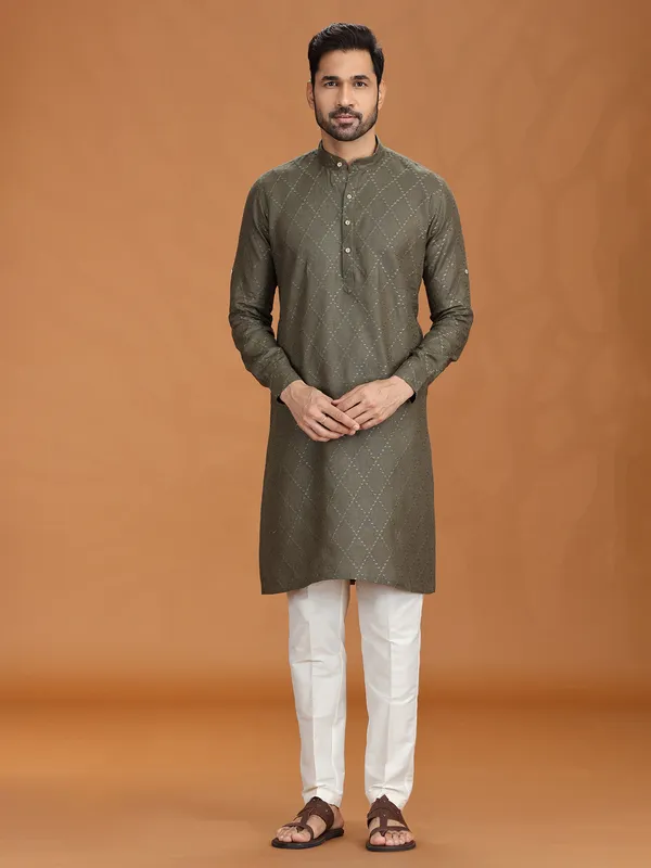 Dark olive linen embroidered kurta set for mens