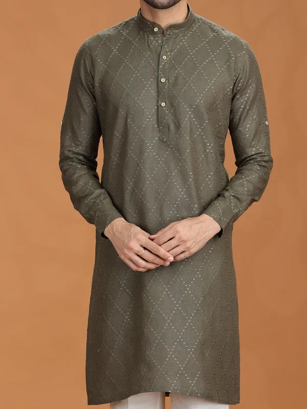 Dark olive linen embroidered kurta set for mens
