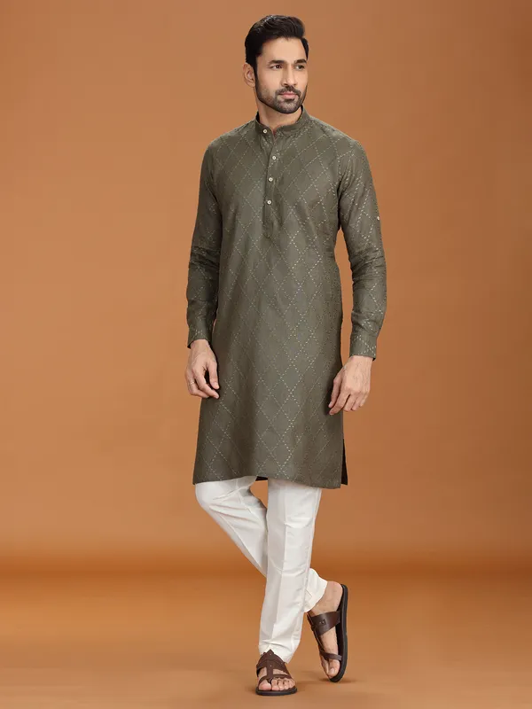 Dark olive linen embroidered kurta set for mens