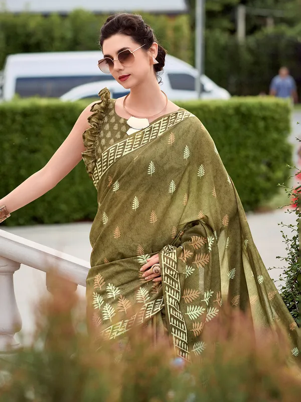 Dark olive malmal silk saree