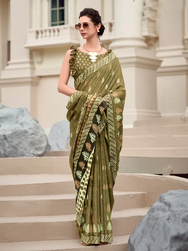 Dark olive malmal silk saree