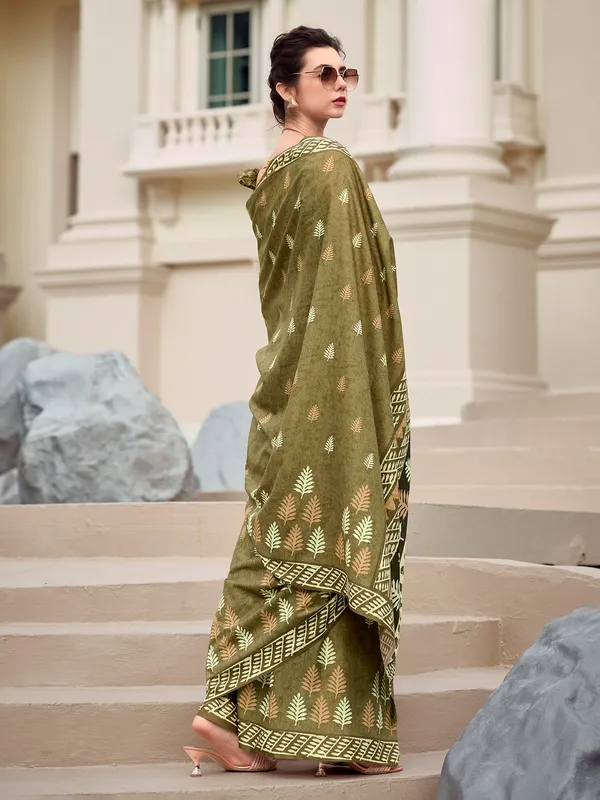 Dark olive malmal silk saree