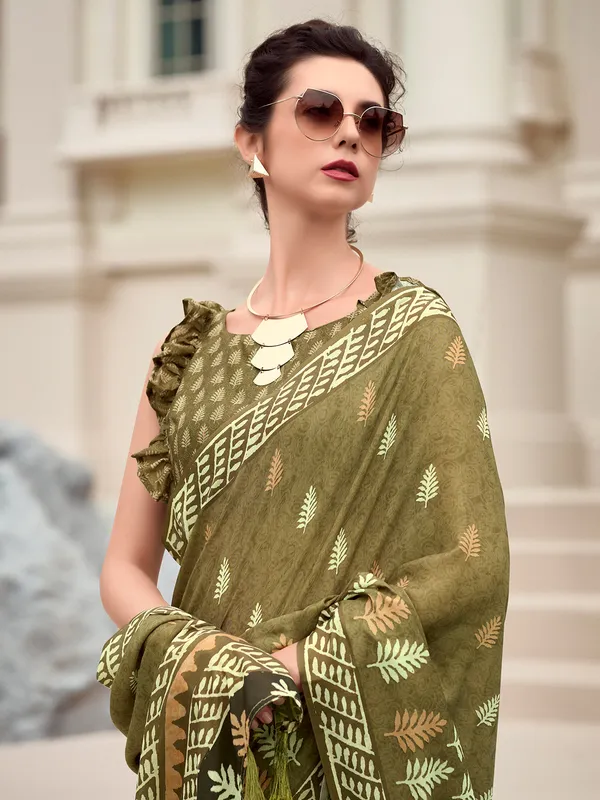Dark olive malmal silk saree