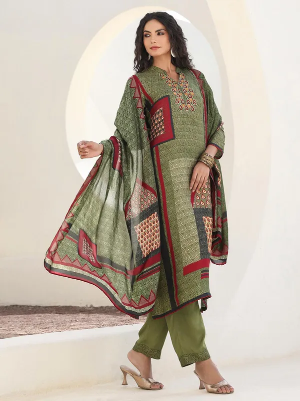 Dark olive printed kurti set in dola silk