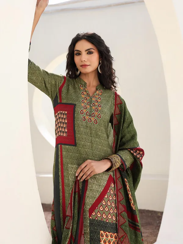Dark olive printed kurti set in dola silk