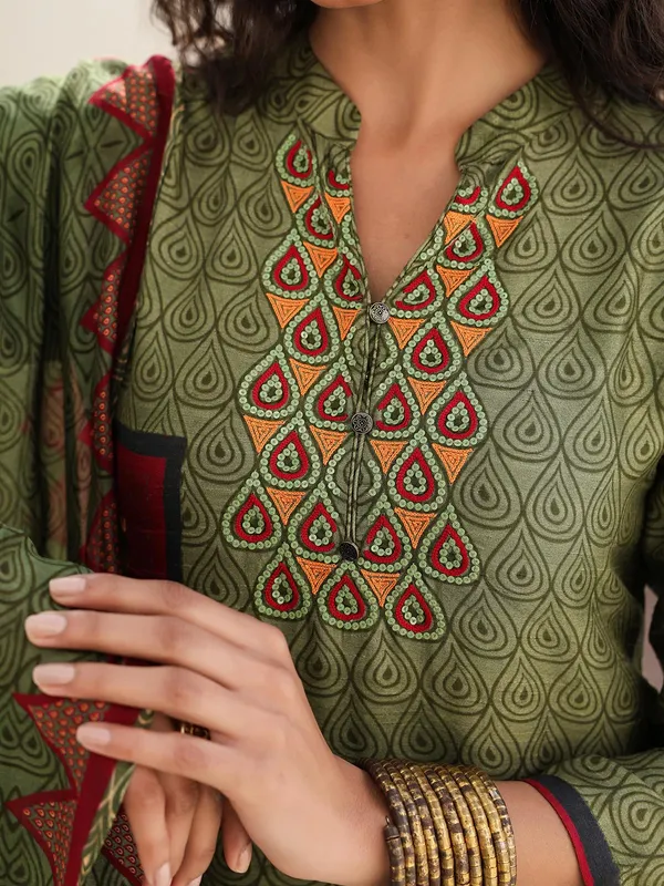 Dark olive printed kurti set in dola silk