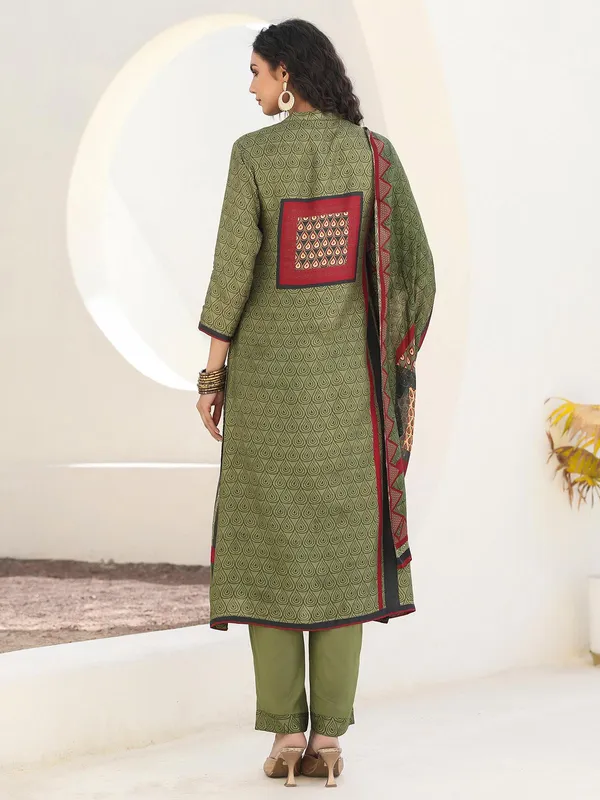Dark olive printed kurti set in dola silk