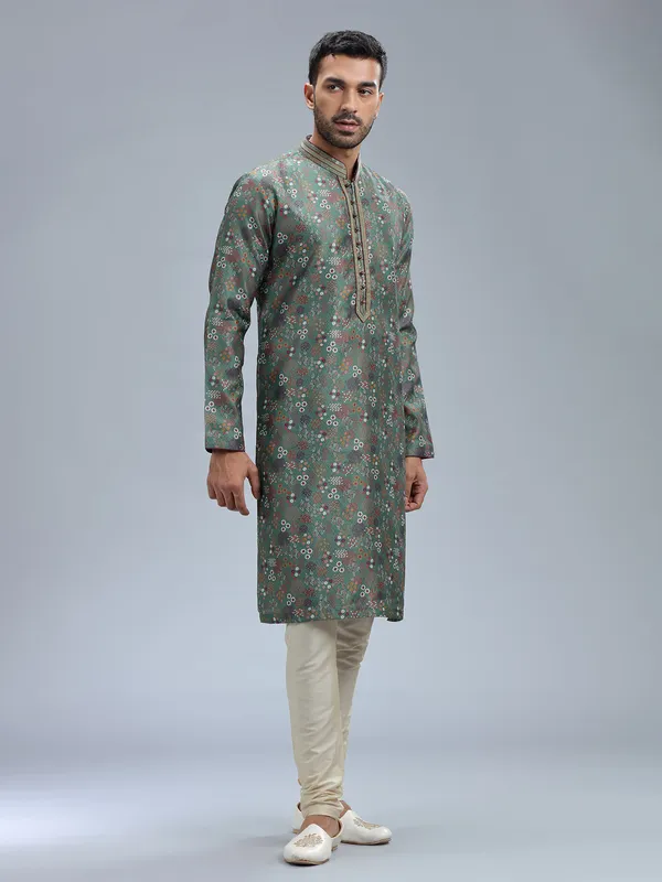 Dark olive printed silk kurta pajama for men