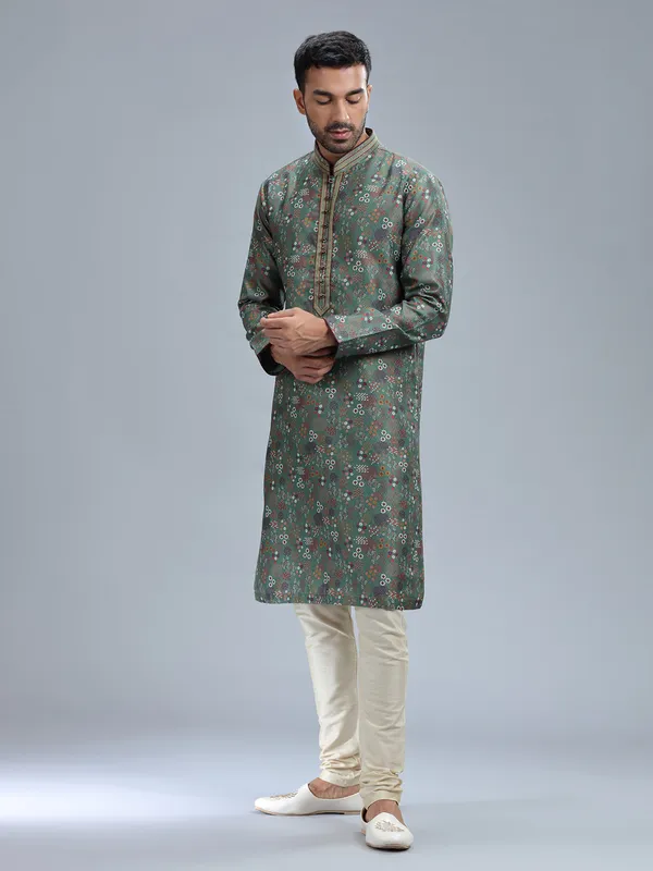 Dark olive printed silk kurta pajama for men