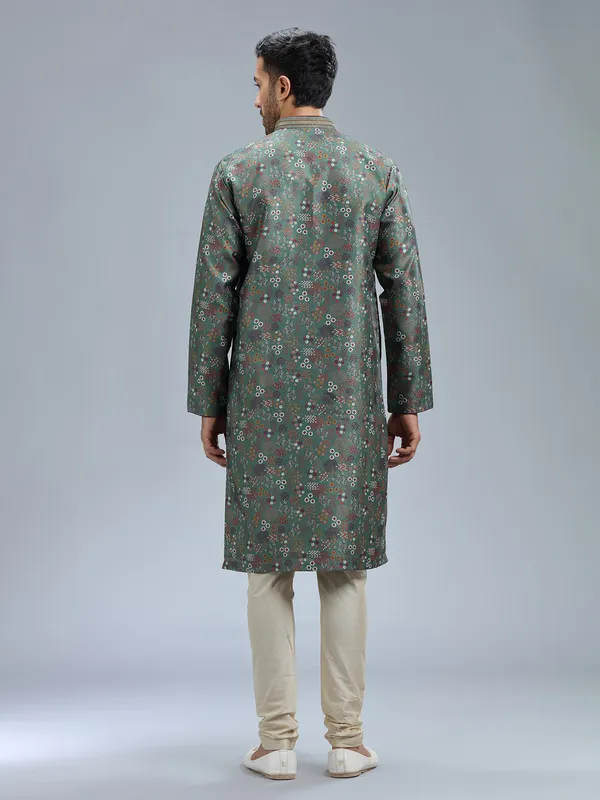 Dark olive printed silk kurta pajama for men