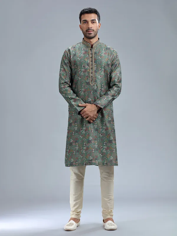Dark olive printed silk kurta pajama for men