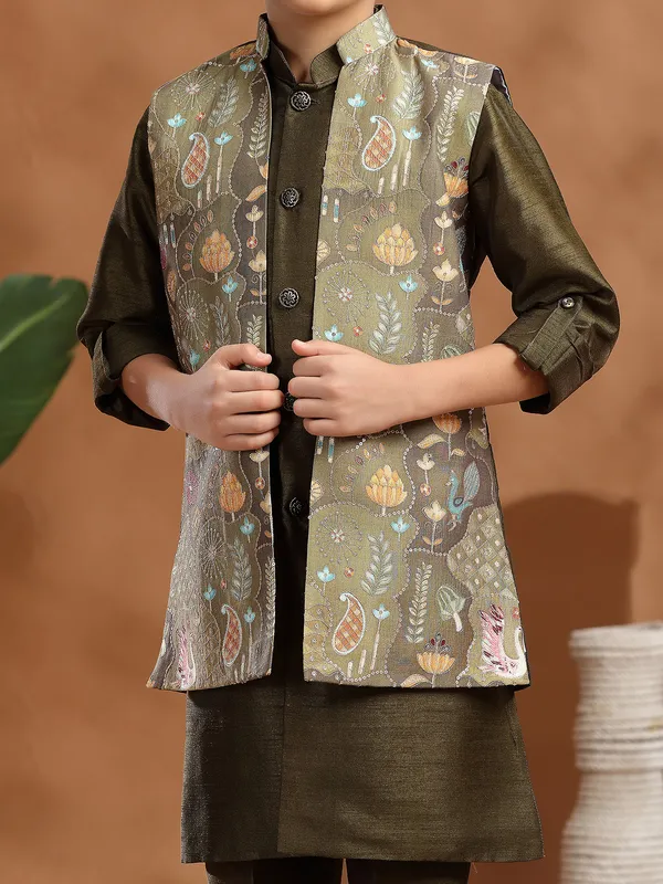 Dark olive raw silk resham work mehendi waistcoat set