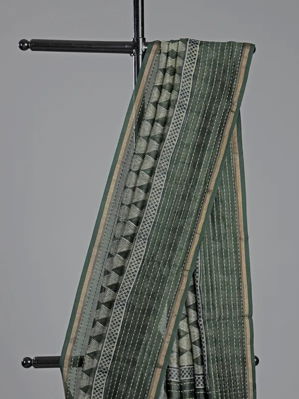 Dark olive semi cotton saree with thread work