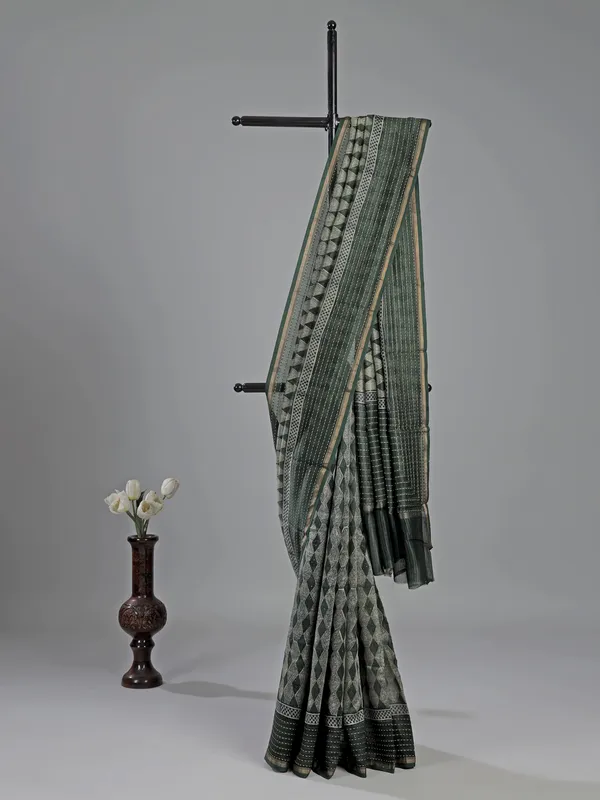 Dark olive semi cotton saree with thread work