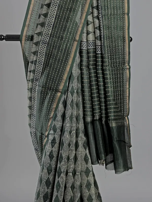 Dark olive semi cotton saree with thread work