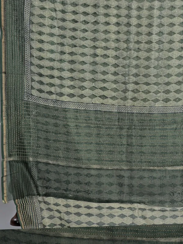 Dark olive semi cotton saree with thread work