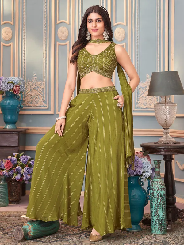Dark olive silk palazzo suit