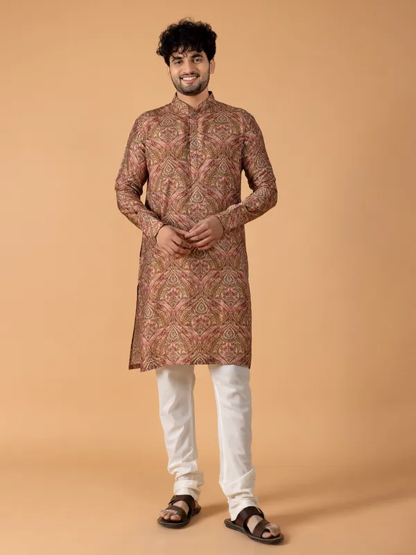 Dark olive silk printed  Men Kurta pajama