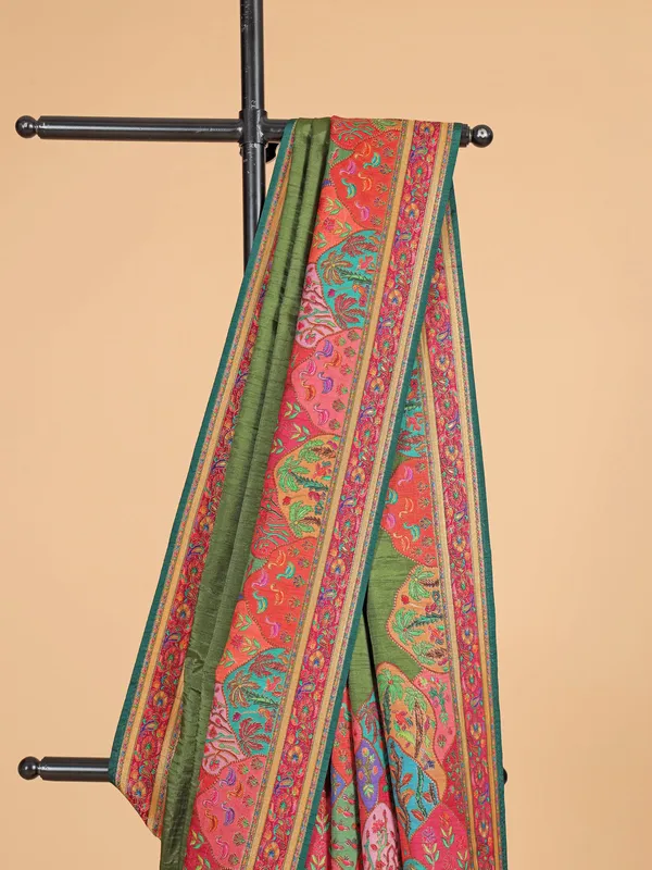 Dark olive silk saree with attractive border