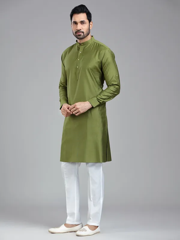 Dark olive simple festive wear kurta with pajama