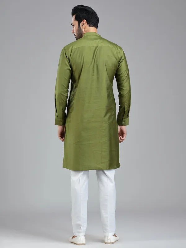 Dark olive simple festive wear kurta with pajama