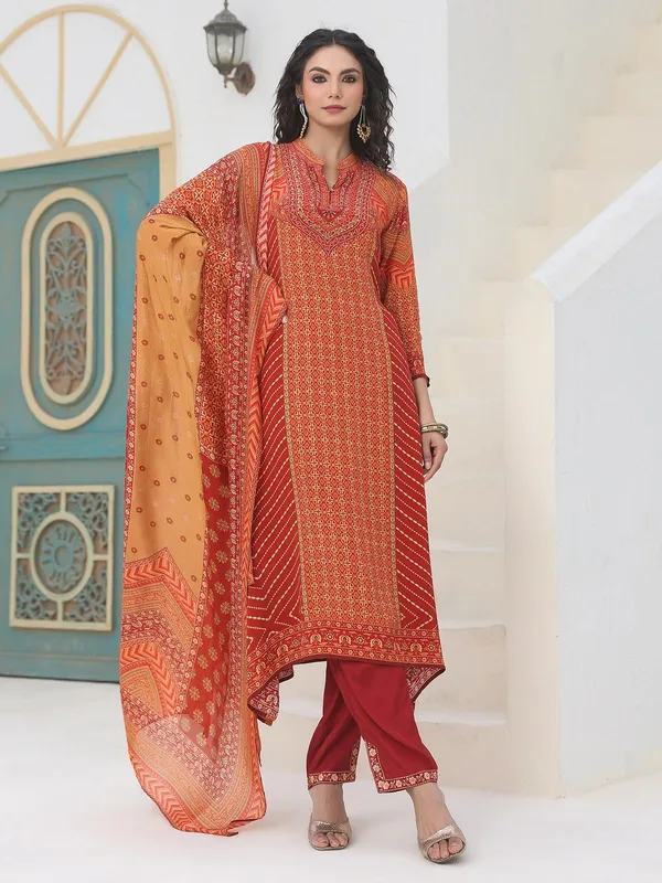 Dark orange crepe kurti set with dupatta