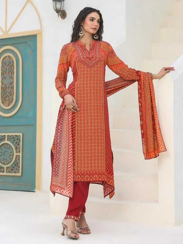 Dark orange crepe kurti set with dupatta