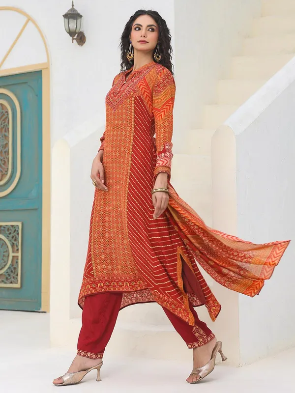 Dark orange crepe kurti set with dupatta