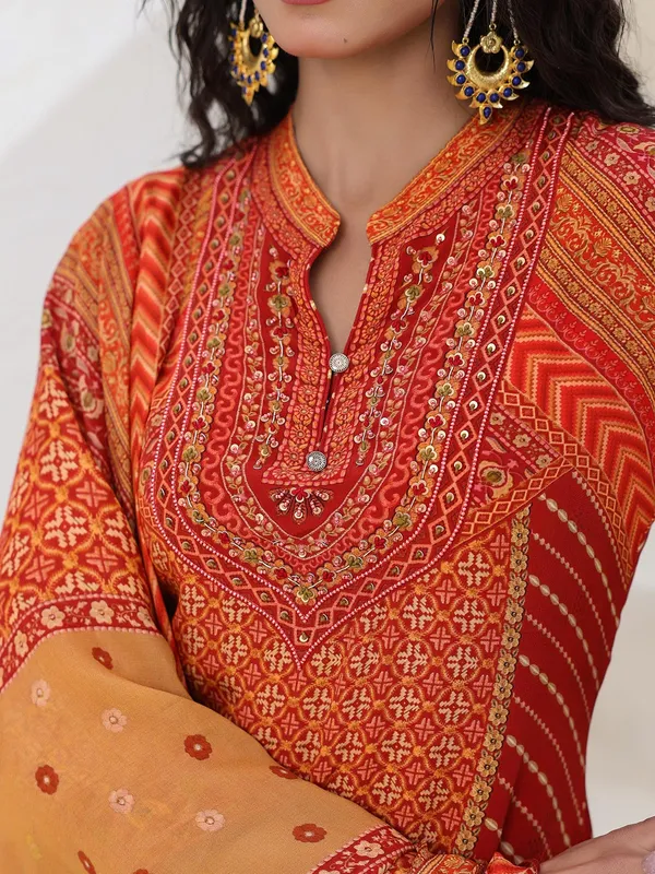 Dark orange crepe kurti set with dupatta