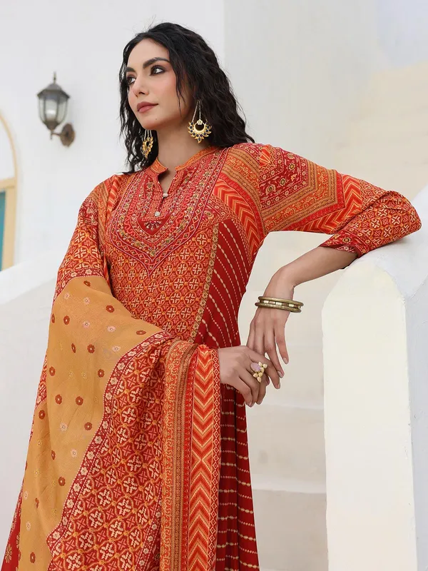 Dark orange crepe kurti set with dupatta