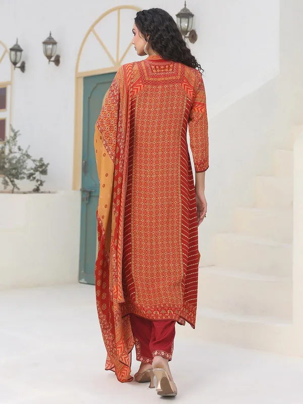 Dark orange crepe kurti set with dupatta