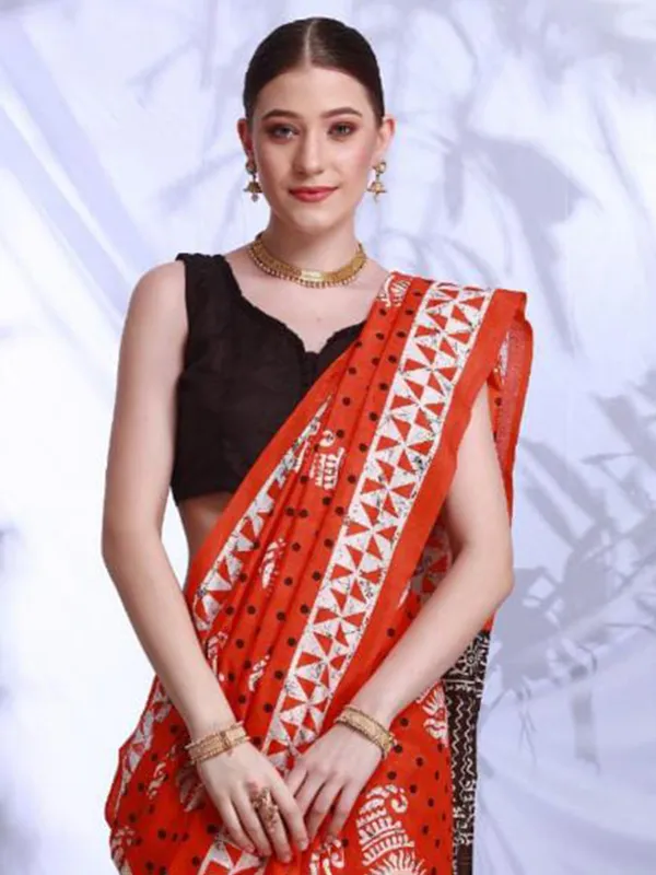 Dark orange printed bhagalpuri silk saree