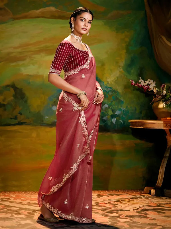 Dark peach chiffon saree for festival