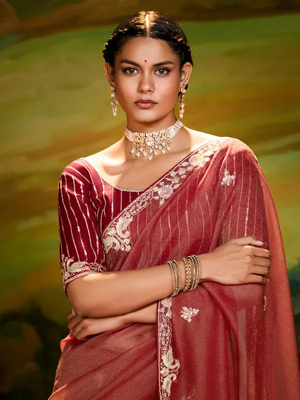 Dark peach chiffon saree for festival