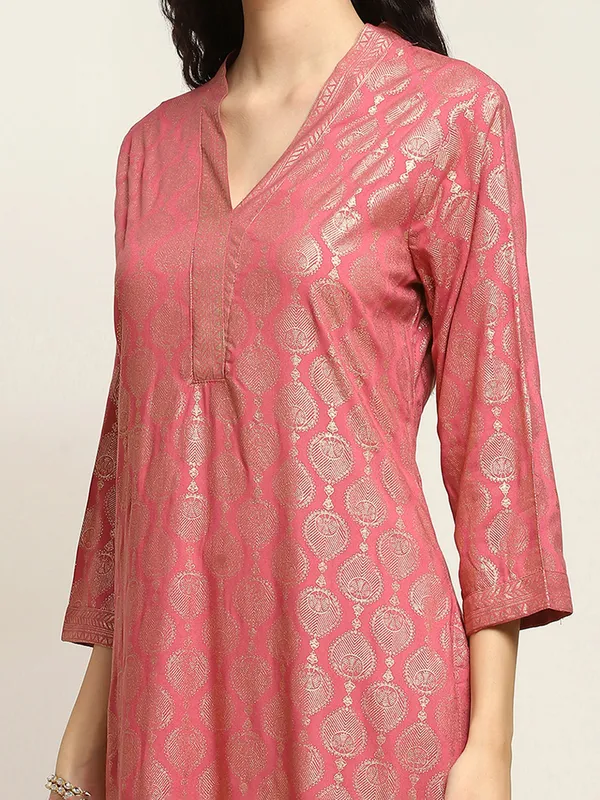 Dark peach cotton silk kurti with golden print